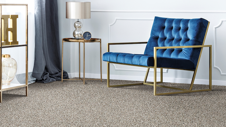 textured carpet in a stylish living room with blue velvet chair