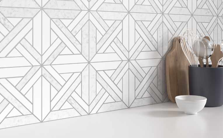 geometric backsplash in kitchen in a neutral palette