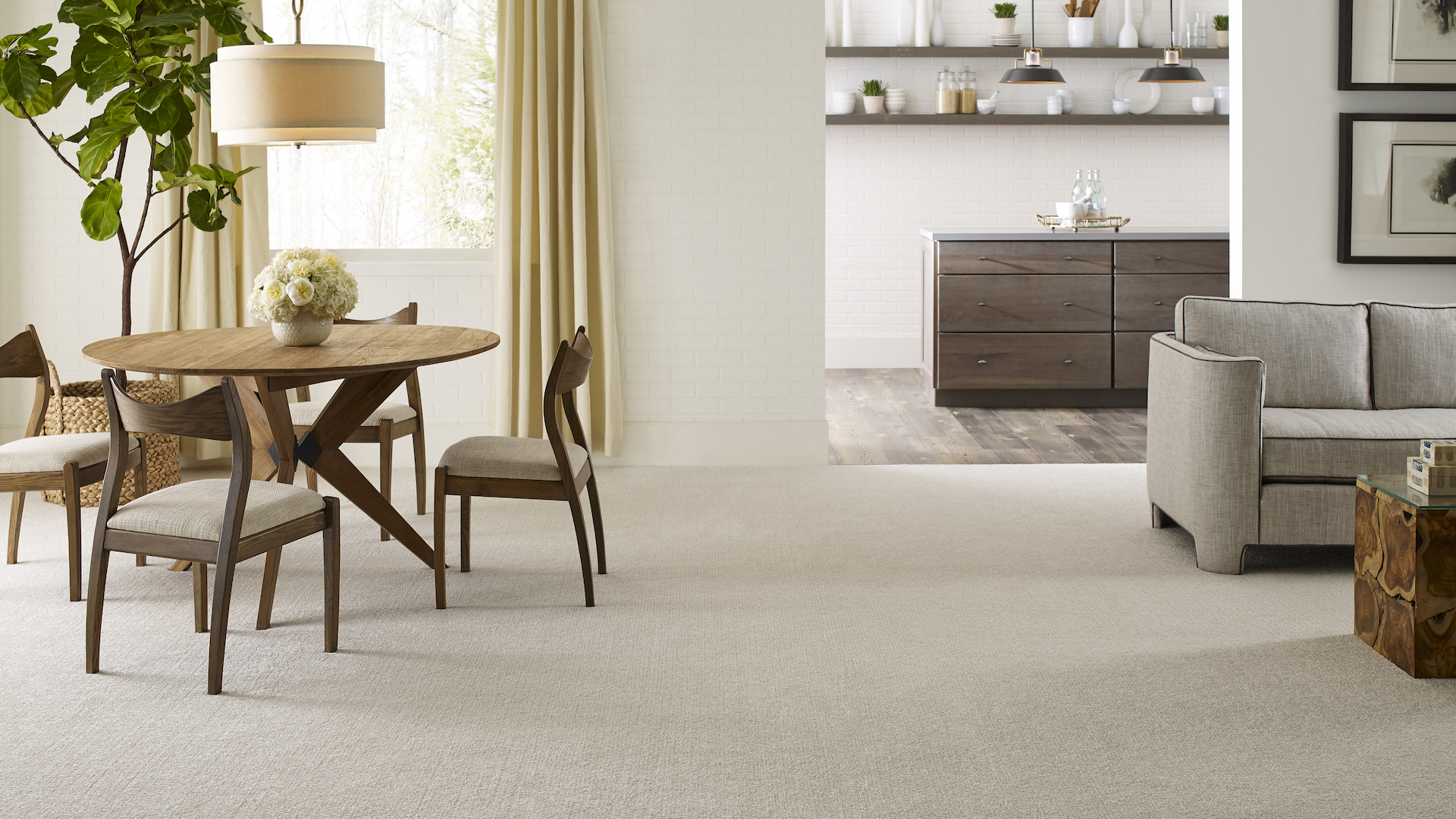 stain-resistant beige carpet in a living and dining room